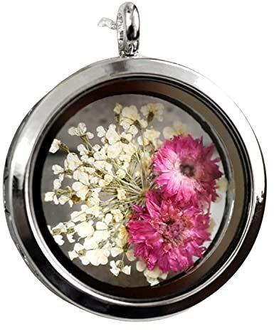 MadamLili - Echte Blüten Medaillon Anhänger - Chrysantheme Rosa Dillblüten Weiss Blumen Amulett Aufklappbar - 925 Sterling Silber - Halskette 60cm - Shabbystil - Handgefertigt - Exklusive Schmuckbox