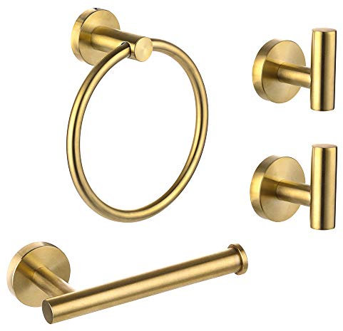 Ntipox Lot de 4 accessoires de salle de bain en acier inoxydable brossé doré avec anneau porte-serviette, support de papier toilette et 2 crochets pour peignoir, kit d'accessoires de salle de bain