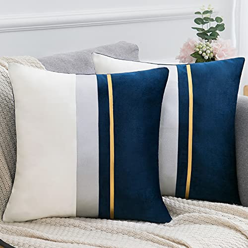 2er Set Samt Kissenhüllen Quadratischer Kissenbezug Dekokissenbezug Luxus für Schlafzimmer Wohnzimmer Zierkissenbezüge Bett Sofa 18 x 18 inch, Navy Blau