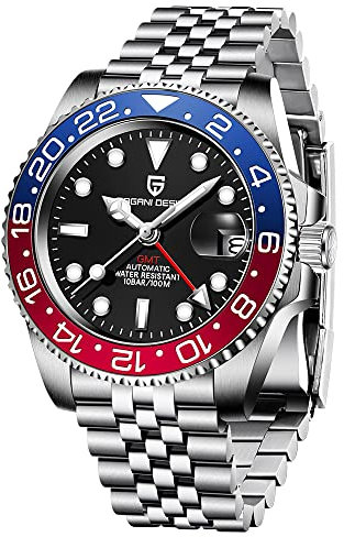 Pagani Design Luxus Herren mechanische Armbanduhr Edelstahl GMT Uhr Geschenk Top-Marke Saphirglas Herrenuhren Reloj Hombre, Jubilee blau rot