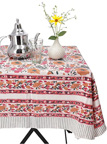 GURU SHOP Handbedruckte Tischdecke, Tischläufer Blockdruck, Boho Tischdecke 140x200 cm - Modell 4, Creme-weiß, Baumwolle, Tischläufer, Tischdecken