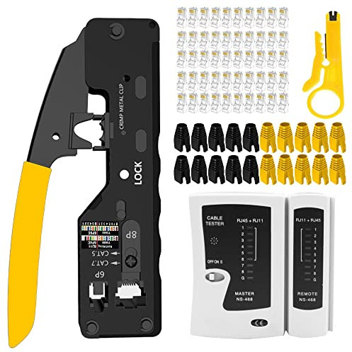 OKVNUO RJ45 Sertissage Ethernet Pince à Sertir de CAT5 CAT6 Testeur de Network Réseau Câble Kits d’Outils de Réparation d’Ordinateur Net Professionnel Maintenance de Testeur de Câble LAN (Noir)