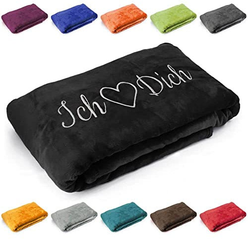 Kuscheldecke 'Ich Liebe Dich', Geschenk zu Valentinstag, Geburtstag, Hochzeitstag, hochwertig Bestickt, 200cm x 150cm extra weiche und gemütliche Sofadecke/Wohndecke, hochwertiges Fleece (Schwarz)