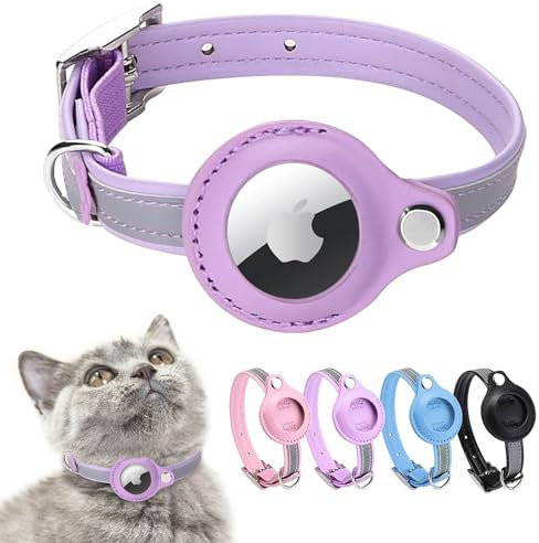Airtag Katzenhalsband,Leder Airtag Halsband Katze,Reflektierend Verstellbar GPS Katzenhalsband Airtag Hülle für Tracking Katze Anti-verloren,Airtag Katze für große/mittelgroße/kleine Katze(S,Lila …