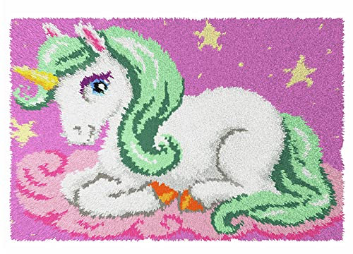 Knüpfteppich Teppich Kits Set,Diy-Hakenschnur, Die Einen Großen Teppich Herstellt, Mit Vorgedrucktem Cartoon-Einhorn-Muster, Leinwand-Teppich, Handarbeit, Stickerei-Tapisserie-Kit, Bunter Anfänger