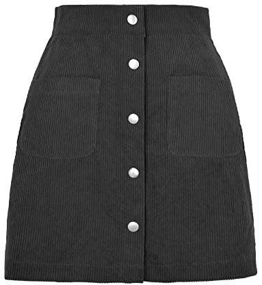 Kuukaas Cordrock Damen Kurz für Herbst & Winter - A-Linie Minirock mit Taschen, Schwarz, Größe L