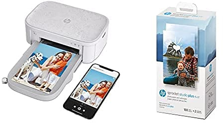 HP Sprocket Studio Plus WiFi Printer – Wirelessly Prints 4x6” Photos from Your iOS & Android Device Studio Plus 4 x 6” Photo Paper and Cartridges Compatible only Studio Plus Printer
