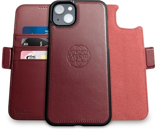 Dreem Vegan Leather Magnetic Detachable Wallet Case for iPhone 14 Plus | Built-in Phone Stand, RFID Blocking Card Holder Flip Cover, MagSafe Compatible, Gift Box [Fibonacci: Burgundy]