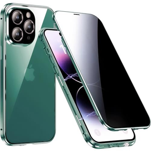 QiiStar Privacy Case for iPhone 13 Pro Max,Front and Back 360° Full Body Cover Metal Bumper Anti-peeping Screen with Crystal Clear Back Double-sided Tempered Glass Magnetic Case - Green