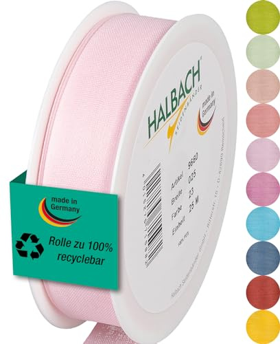Halbach mattes Taftband, 25 mm x 25 m, blassrosa | Geschenkband in Baumwolloptik, Made in Germany, Ökt-Tex 100 zertifiziert und waschbar bei 30 Grad