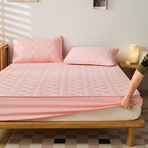 HAIBA Bedding Gesteppte Matratzenauflage 200x220cm+30cm/3PCS rosa 100% Bio-Baumwolle, kühlendes Perkal-Gewebe, leicht, Übergangspassung, knackig, mit tiefer Tasche Spannbetttuch