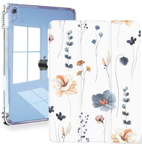 Feams Funda para iPad A16 11.ª Generación 11 Pulgadas 2025 iPad 10.9 Pulgadas 2022 Funda Delgada Parte Trasera Transparente Estuche Lápiz Modo de Reposo Automático Flores Simple