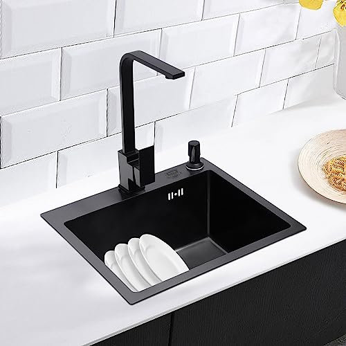 Fregadero de cocina rectangular de acero inoxidable, 45 x 40 cm, con orificio para grifo con dispensador de jabón, incluye sifón y desagüe