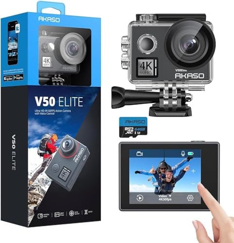 AKASO V50 Elite Cámara Deportiva con Tarjeta de Memoria MicroSDXC de 64GB Cámara de Acción WiFi 4K 60fps 20MP con EIS Pantalla Táctil Control de Voz 8X Zoom Cámara Acuatica Sumergible 40M 2 Baterías