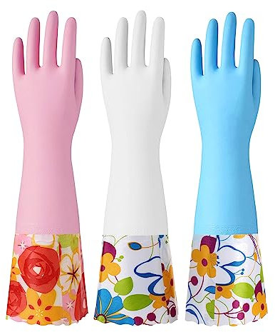 Bamllum 3 Pairs Rubber Cleaning Gloves, Household Kitchen Dishwashing Gloves with Cotton Flocked Lining, Long Cuff 40cm, Reusable, Non-Slip (Small, Blue+Pink+White)