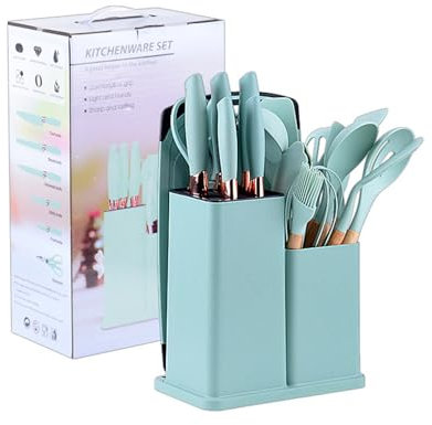 HRZZEOKV Juego de cuchillos de cocina profesional - Juego de 19 piezas con 11 utensilios de cocina de silicona - 7 cuchillos de cocina y tijeras de acero inoxidable - Tabla de cortar,Light green