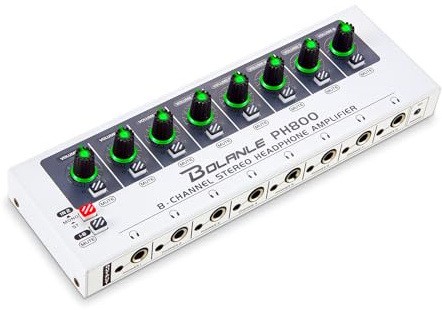 Bolanle PH800 Amplificatore per cuffie a 8 canali con potenza ad alta uscita, splitter per cuffie a 16 uscite (8 x 3,5 mm e 8 x 6,35 mm), interruttore mono/stereo, LED, guida fino a 250 Ω cuffie per