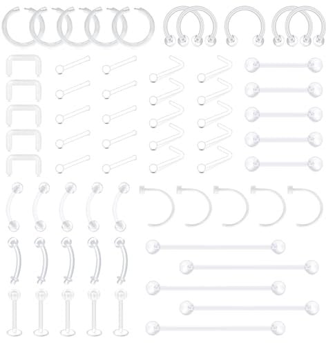 AVYRING 65 Stück Klar Piercing Retainer, Unsichtbares Bioflex Piercing Set, Nasenseptumstecker Tragus Lippe Ohr Nase Augenbraue Zungenringe, Klar Nasenstecker zum Verdecken von Piercings für Schule