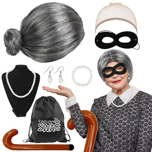 LOHAME 9tlg Oma Perücke Kostüm Einbrecher Granny Kostüm Zubehör Oma Perücke mit Augenmaske Geldsack aufblasbarer Stock Perlenkette Armband Ohrringe Großmutter Verkleidung für Fasching Karneval