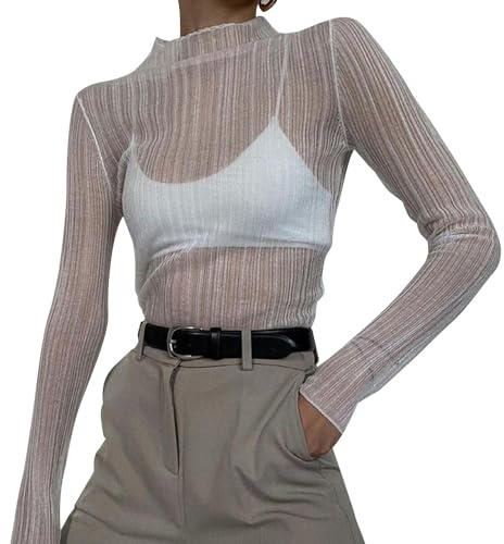 Camiseta Mujer Manga Larga Sexy Tops See Through Rejilla Blanco Elegante Mesh Sheer Blusa Slim Fit Clubwear Casual Camisas T Shirt Pullover
