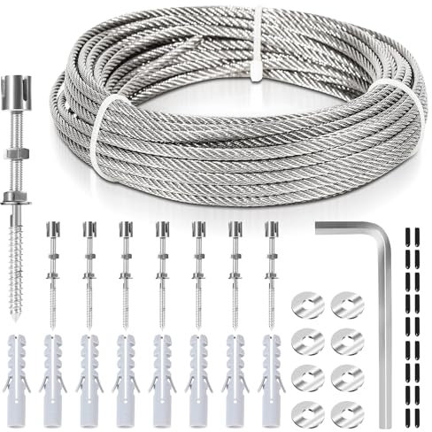 Yakimz Rankhilfe aus Edelstahl für Kletterpflanzen, Rankhilfe, Profi-System als Komplettset mit Wandhaltern und 3mm Stahlseil für Kletterpflanzen, Seilspanner,Wäscheleine(8Halter, 12m Seil)