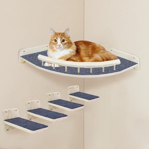 Shiawase Kletterwand für Katzen, Katzentreppe Wand und Eckbett mit Rutschfester Matte, 5-Teiliges Holz Katzenmöbel Set, Inkl. Befestigungsschrauben, bis 15 KG Kratzbäum (Hell)