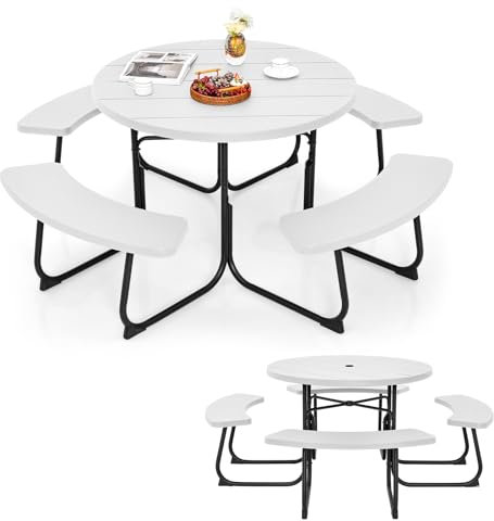 KOMFOTTEU Bierzeltgarnitur für 8 Personen, Rundes Picknicktisch Set mit Schirmloch & 4 Bänken, Gartenmöbel Set aus HDPE & Metall, Gartengarnitur Sitzgarnitur für Terrasse Camping (Weiß)