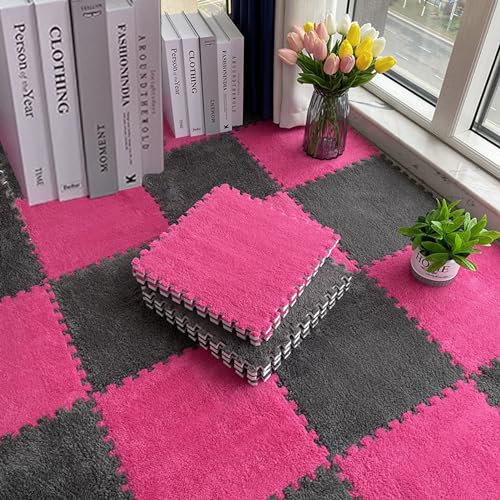 4 Stück Weiche, Flauschige Teppichfliesen, Ineinandergreifende Spielmatte, Plüsch-Puzzle-Schaum-Bodenmatte Für Wohnzimmer, Schlafzimmer, 30x30 cm(Size:0.23 Inch,Color:Grau+Rosenrot)
