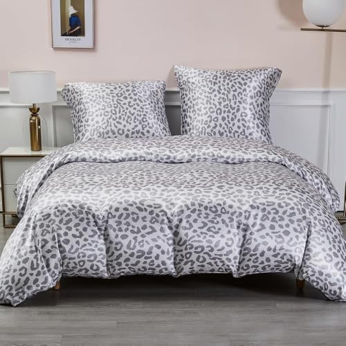 Luofanfei Satin Bettwäsche 200x200 cm Leopard Muster Seide Glatt Glänzend Kühlende Wendebettwäsche Leopardenmuster Glanzsatin Microfaser Bettbezug Set und Kissenbezüge 80x80 cm mit Reissverschluss
