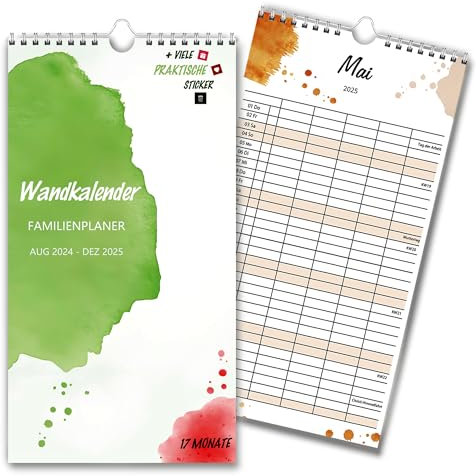 Familienkalender 2025 - Familienplaner Aug 24 - Dez 25 - Kalender 2024/25 - Wandkalender 5 Spalten mit Sticker - Wandplaner - jahreskalender 23 x 43 cm