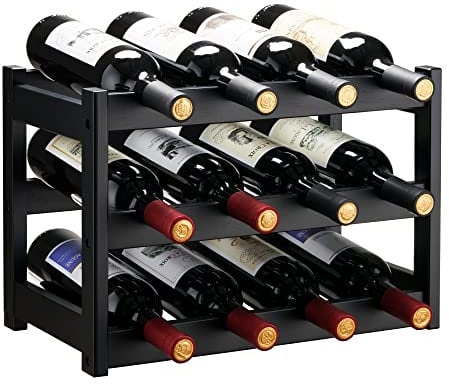 VASMIA Portabottiglie di Vino,Portabottiglie da Tavolo in Bambù Naturale, Vintage Espositore Bottiglie Scaffale Cantinetta Portabottiglie per Cucina, Bar, Cantina(3 livelli-12 bottiglie),Nero