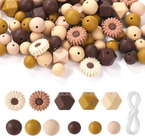 100 Pezzi Perline a Forma di Fiore, Perline di Silicone Esagono Rotonde Perline Distanziatrici con Corda Elastica per Fai Da Te Artigianato Portachiavi Braccialetti Creazione di Gioielli
