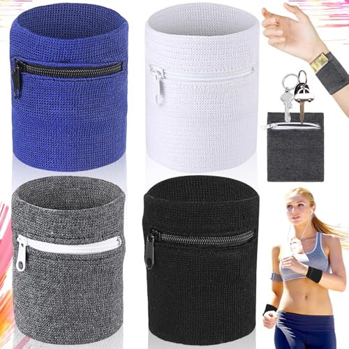 4 Stück Schweißbänder Handgelenk mit Reißverschluss Schweissband Handgelenk Sport Handgelenktasche Wristband Geldbörse Handgelenkstasche für Fitness Joggen Laufen Radfahren