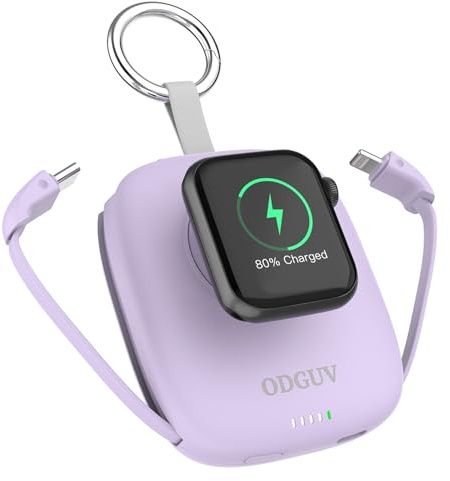 Small Battery Pack 5000mAh,iWatch Wireless Charger Mini Portable Charger with Built-in Cable,Travel Keychain Charger for Apple Watch 9/Ultra2/8/Ultra/7/6/Se/5/4/3, iPhone 15/14/13/12/11,Android Phone