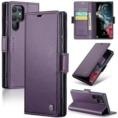 Rerzoiro Handyhülle für Samsung Galaxy S22 Ultra Hülle, Premium PU Leder Klapphülle RFID Schutzhülle Magnet Kartenfach Standfunktion Flip Wallet Tasche Case Kompatibel Samsung S22 Ultra, Lila