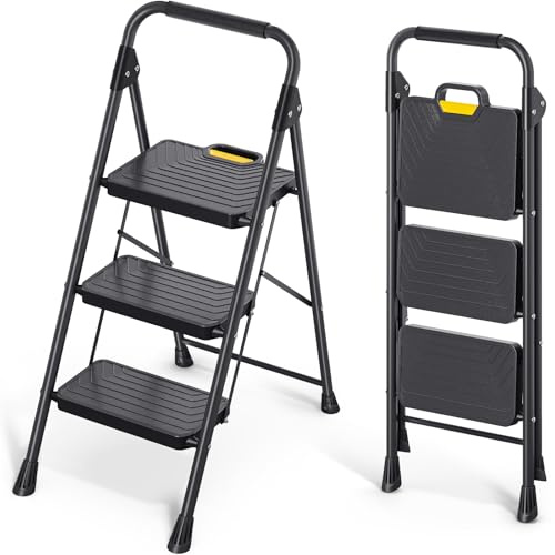 KINGRACK Escalera de 3 escalones, Taburete de Acero Resistente con Pedales Anchos Antideslizantes, pasamanos, diseño de Bloqueo Seguro, Prueba de Carga de 800 Libras, Escalera portátil Plegable para