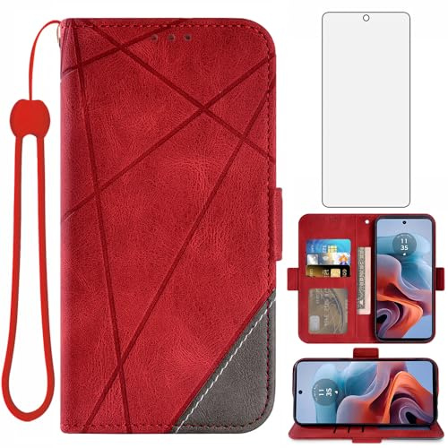 Asuwish Étui de protection pour Motorola Moto G34 5G - Avec film de protection d'écran en verre et compartiment pour cartes - Pliable - En cuir - Support MotoG34 G 34 - Rouge