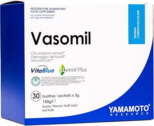 Vasomil 30 Bustine, Integratore Alimentare Drenante con Bromelina, Ippocastano, Pino Marittimo, Mirtillo Blu, Supporta la Circolazione Venosa, Gusto Frutti Rossi
