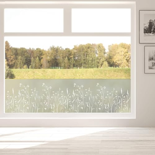 Wandtattoo Loft Film de Protection pour fenêtre avec Motif Prairie de Fleurs Sauvages, Opaque, en Verre dépoli, décoration de fenêtre, Motif d'herbes, Film adhésif pour fenêtre