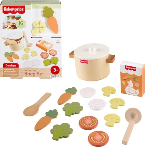 Fisher-Price Wood Kitchen Toy Veggie Soup, Tiny Garden 16-Piece Wooden Pretend Cooking Playset for Preschool Kids Ages 3+ Years (Amazon Exclusive)