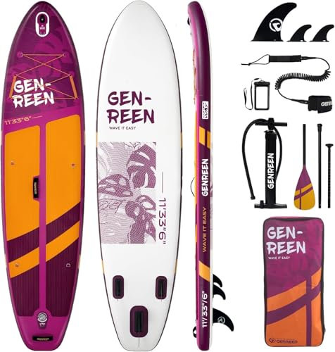 GENREEN (Extra Groß) Stand up Paddle Board für Aller Fähigkeitsniveaus, 335x86cm Aufblasbare Paddleboard für Adults mit Allem Zubehör, SUP Board mit Cam Halterung, 3 Finnen(Monstera Violet)