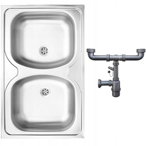 DomoDomo - Fregadero de 2 plazas con escurridor - Fregadero 80x50 cm - Fregadero de cocina con sifón en el set - Fregadero con desagüe de 2 pulgadas - Fregadero de acero inoxidable para cocina - Juego
