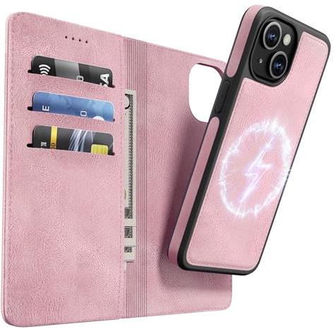 OASISBLUE iPhone 15 Hülle,[2 in 1 Magnetisch Abnehmbar] Kabelloses Laden Kompatibel Stoßfest Schutzhülle Lederhülle Klapphülle Handyhülle für iPhone 15 - rosa