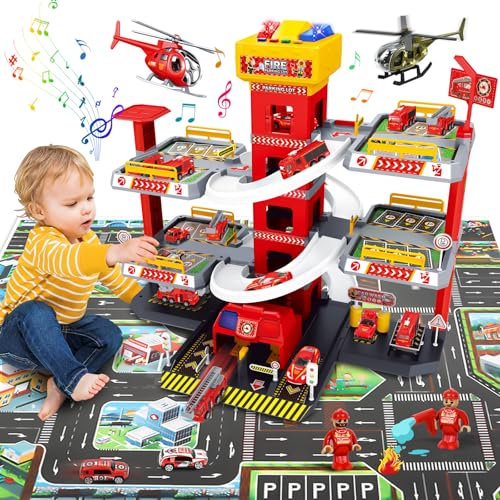 FORMIZON Garaje Coches para Niños de 5 Plantas, Garaje de Estacionamiento de Juguete Grande, Parking Infantil con Pista de Automóviles, 8 Coches, 3 Helicópteros, Ascensor y Mapa Grande (Rot)