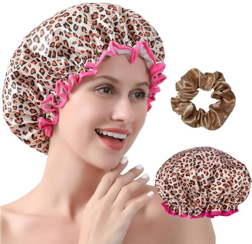 ZKGYUS Cuffia Doccia Donna Impermeabile, Cuffie da doccia impermeabili con motivo leopardato, Cuffia da doccia riutilizzabile per capelli lunghi e corti ricci (con 1 Scrunchies)