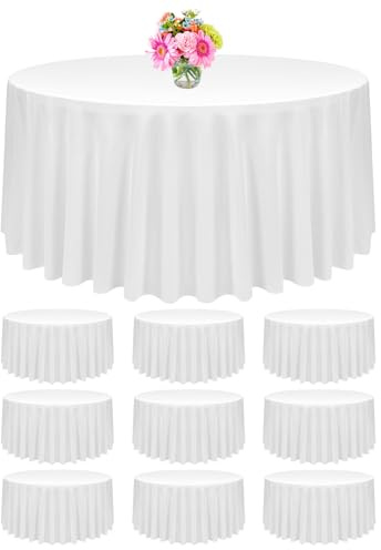 FXKS 10 Stück Weiß Runde Tischdecke 300 cm,Runde Polyester-Tischdecke | Flecken- und Knitterfeste Tischdeckes,Waschbare Runde Tischdecken aus Stoff für Hochzeit, Bankettparty, Restaurant, Essen