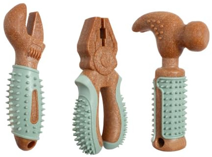 YöL Pack of 3 Tool Shaped Pet Chew Toy - Dog Puppy Teething Dental Gum Tooth Health Durable Strong Bamboo Rubber - Hammer Spanner Pliers Random Design - Stimulating Play