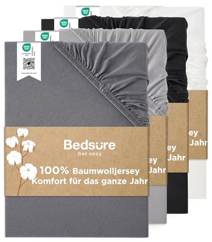 Bedsure Spannbettlaken 90x200cm Baumwolle Jersey - bis 40cm, Anthrazit-grau | Spannbetttücher mit Gummizug, für Boxspringbett , Wasserbett & Extra Hohe Matratzen, Atmungsaktiv & Weich, Waschbar, Oeko-TEX