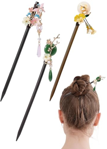 BEAMARKER 3 pieza de 3 estilos de Palillos para el Cabello con Diseño Floral Retro Chino, Palillos para el Cabello con Flores Clásicas Japonesas, Horquillas de Madera con Borlas Vintage, Accesori