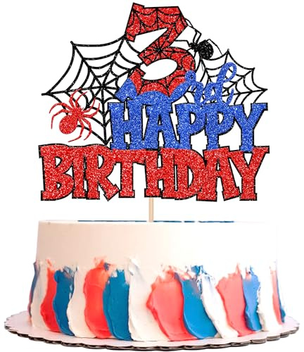 1 Stück Spinne Thema Tortendeko 3rd Happy Birthday Cake Topper Glitzer Schrecklich Spinnennetz Kuchen Deko für Spinne Thema Kinder Dritter Geburtstag Party Kuchen Dekoration Blau Rot